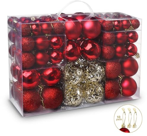 ilauke Weihnachtskugeln 100er Set, Bruchsichere Kunststoff Weihnachtsbaum Deko mit Lanyard und Verpackung, Weihnachtsschmuck Deko für Drinnen & Draußen, Festival Party, Wiederverwendbar (Rot)