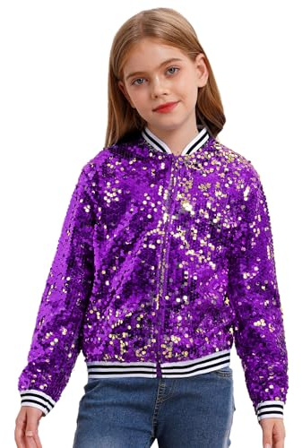 Linjinx Enfant Filles Blazer à Paillette Court Manteau Ajusté Zippé Veste Brillante à Manches Longues Blouson Haut de Danse Disco Soirée Chemise Décontractée 5-16 ans Violet 11-12 ans