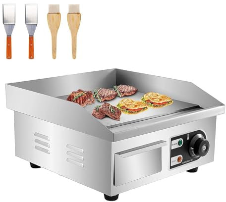 Fridgestea Commercial Electric Griddle, 2000W Stainless Steel Non-Stick Flat Top Hotplate, 35.5cm Countertop Burger Bacon BBQ Business Catering Grill with Shovels, Oil Brushes