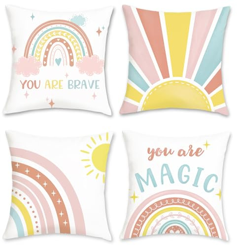 Bonhause Boho Rainbow Cushion Covers 45 x 45 cm Sun You are Brave Colorful Decorative Throw Pillow Covers for Sofa Couch Bed Home Patio Nursery Room Decor Set of 4