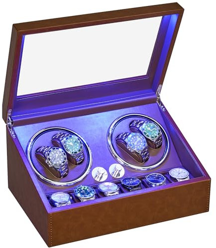 ANWBROAD Orologio Rotante per Orologi Automatici 4 Rotatori per Orologi e 6 Scomparti con Motore Mabuchi Super Silenzioso e Retroilluminazione a LED Orologio Rotante con 4 Modalità Regalo JWW002P