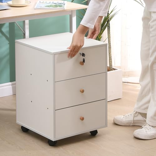 BonChoice 3 Drawers Mobile File Cabinets Pedestal Office Filing Cabinet with Rolling Casters, Wood Under Desk Storage Cabinet for A4 Paper (#2 White)