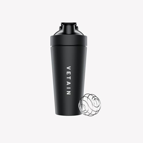 VETAIN Edelstahl Shaker 700ml - Fitness Shaker mit Mixball - 100% Auslaufsicher - Premium Protein Shaker mit Messskala - BPA frei - spülmaschinenfest, robust & langlebig (schwarz)