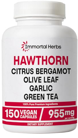 Immortal Herbs Hawthorn Berry Capsules, 6-in-1 Extract w/Olive Leaf, Citrus Bergamot, Garlic, Green Tea & Black Pepper, 150 Pills, Non-GMO & Gluten-Free Hawthorne Berry Supplement