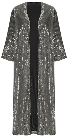 duxyoz Women Sequin Cardigan Half Sleeve Sparkly Open Front Coat Elegant Party Long Sparkle Jacket Glitter Shiny Shrug Bolero Jacket 20s Disco Clubwear Loose Metallic Festival Outfit Black L