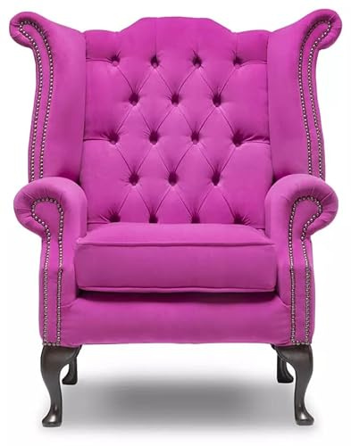 Chesterfield Fauteuil Queen Anne à dossier haut en velours rose | Chaise d'appoint britannique faite à la main avec touffetage à boutons profonds, pieds en acajou et style Chesterfield classique