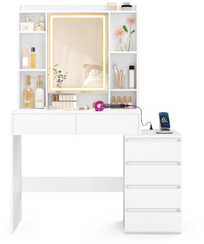 VASAGLE Sminkbord med LED-spegel, justerbar ljusstyrka, flera uttag, sminkbord, 40 x 105 x 145 cm, öppna fack, justerbara hyllor, modern, molnvit, Kailyn RDT144WB01