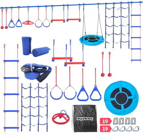 Wavmor 65 FT Ninja Warrior Obstacle Course Swing Set for Kids with 12 Obstacles,Outdoor Playset with Monkey Bars for Backyard