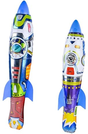 Toyvian 2pcs Inflatable Aluminum Film Rocket for Outdoor Flying Throwing Rocket Plaything 63cm Large 55cm Small for Birthday Party and Sports