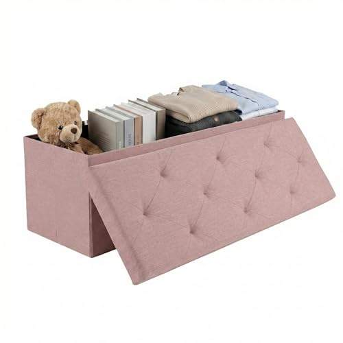 Foldable Storage Ottoman Bench, Storage Chest, End of Bed Foot Rest Stool with Padded Seat, 43 Inch Bedroom Bench for Living Room, Support 660lbs, Pink