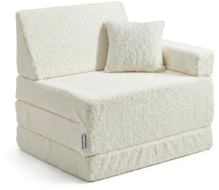 KiddyMoon Kindersessel Für Kinder Mit Kissen, Teddy-Plüsch, Aufklappen Sessel Für Kinderzimmer Stuhl Faltmatratze, Cremig,Kindersofa Mit Kissen
