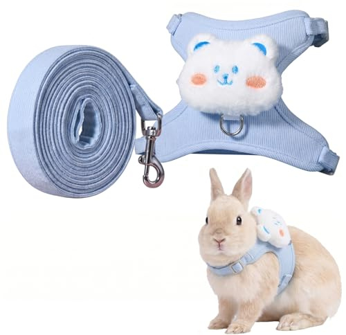 Harnais Lapin avec Laisse 1,2m - Ensemble Réglable en Velours Côtelé Bleu avec Motif Ours, pour Lapin Nain, Chaton et Petits Animaux, Accessoire de Promenade Confortable et Sécurisé Taille S