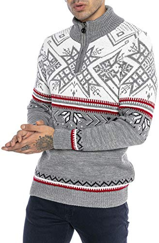RED BRIDGE Suéter de Punto para Hombres Estilo Noruego Jersey Pulóver con Cuello Alto y Cremallera Gris M