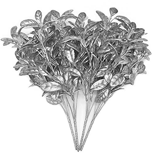 Artificial Plants Silver Round Leaf, For Christmas Decoration Plastic Fake Plant Bush Grass Fern Bushes Faux Shrubs Greenery Indoor Outside Planter Vase Filler Festival Home Garden Decor Silver 4 Pack