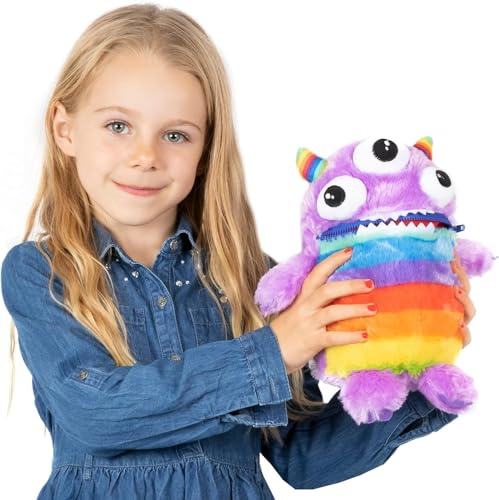 Worry Yummy Children's Monster Soft Toy - 28cm (11) Soft Cuddly Toy For Kids - Boys & Girls Anxiety, Stress & Fear Reducing Sleep Companion - Purple 'Zipper'