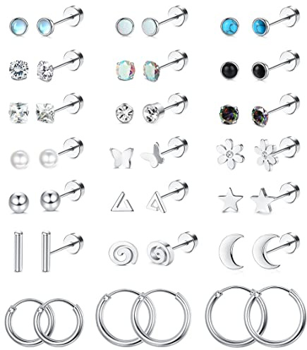 LOLIAS 21Pairs Surgical Steel Flat Back Earrings Hypoallergenic 20G Screw Back Nap Stack Cartilage Earring Stacks