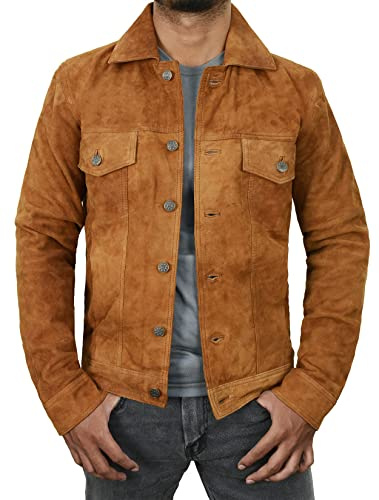 LP-FACON Chaqueta de camionero de piel de ante negro para hombre, color marrón vintage, marrón, M