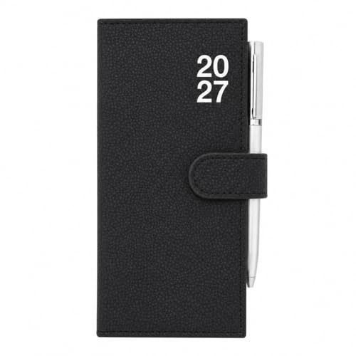 2027 Week To View Premium Padded Slim Pocket Diary Stud Close Diary With Pen (Black)