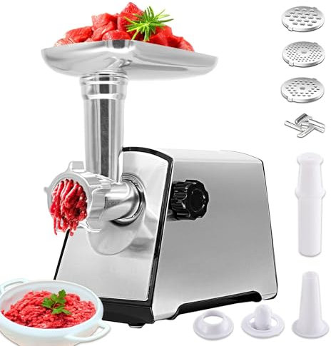 VNIMTI Meat Grinder Electric, 2800W Meat Mincer Machine, Upgraded Sausage Maker Stainless Steel with 3 Cutting Plates, Sausage Stuffer Tube & Kubbe Kit for Home Kitchen Use (Upgrated - Silver)