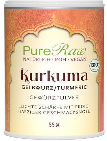 Kurkuma Pulver Bio (Roh Vegan Ayurvedisch) Kurkumapulver Kurkuma Gewürz Gemahlen Curcumin Kurkumin - Ayurveda Kräuter Gewürze - Organic Raw Curcuma Turmeric Powder | PureRaw 55g