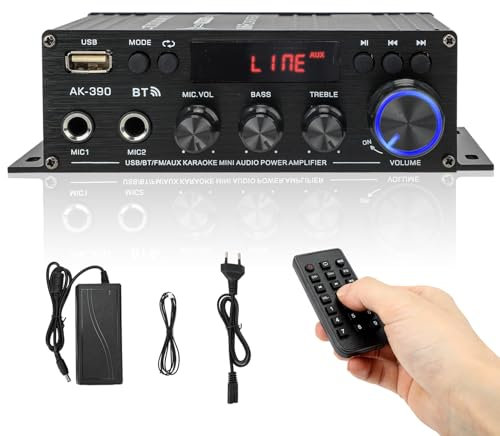 Amplificateur Hifi, Amplificateur Bluetooth 5.0 Audio Miniature à 2 canaux Avec Alimentation 12V 5A, 40W+40W Max 400W, Télécommande pour voiture, Home Bar, Party Theatre