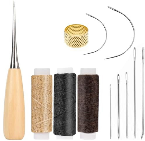 Ledergarn Ledernadel Set, 3 Rollen Wachsfaden, Sattlergarn Reißfest Nähahle Nadeln Fingerhut, Reparatur nähset für Polster Teppiche Sofas Segelsitze und Schuhreparaturen