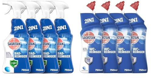 Sagrotan Bad-Reiniger Ozeanfrische – 2in1 Desinfektionsreiniger für Hygiene im Bad – 4 x 750 ml Sprühflasche + WC-Reiniger Ozeanfrische – 2in1 Reinigung mit Antischmutzfilm für WC-Frische – 4 x 750 ml