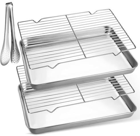 Teglia Da Forno Con Griglia Di Raffreddamento, 2 Pezzi Teglia Forno Rettangolare Con Fermagli per Alimenti, Teglia Da Forno in Acciaio Inox, Teglie Da Forno, Teglia Forno per Arrostire (26x20x2,7 cm)