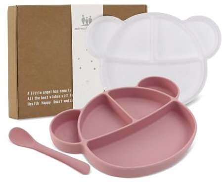 Miracle Baby Silicone Suction Plate Toddler Self Feeding Plates Children's Plate with Lid and Spoon Kid Divided Weaning Plate Dinnerware Set with Gift Box, BPA Free & Dishwasher Safe - Pink