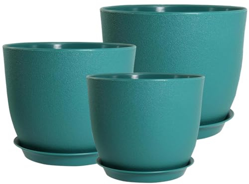 PROFIKLA 20cm, 18cm, 16cm Plastic Plant Pots, Plant Pots with Drainage Holes and Saucers, A Set of 3 Flower Pots, Modern Decorative Planters, Blue