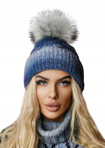 MFAZ Morefaz Ltd vinter dam stickad mössa varm mössa mohair ull fleece tofs pom pom, blå, M/one size