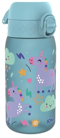 ion8 Kinder Trinkflasche, 350ml, Auslaufsicher, Einhandöffnung, Sichere Verriegelung, Spülmaschinenfest, BPA-frei, Tragegriff, Klappdeckel, Leicht zu Reinigen, Klimaneutral, Blau Einhörner