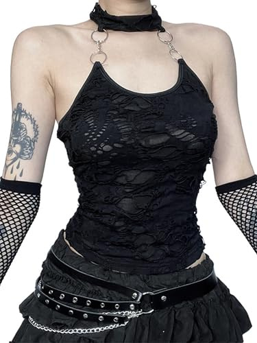 YINGWIN Damer crop top sliten transparent nackhållare topp damer gotiska kläder damer