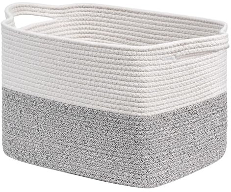 IWVDHSD Cotton Rope Storage Basket, Woven Storage Baskets for Books, Toys, and Clothing, Decorative Closet Small Storage Baskets for Bathroom, Bedroom, and Laundry Room, 33x25x23cm(White and Gray)