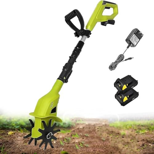 Rotovator eléctrico for jardín,cultivador eléctrico inalámbrico,escarificadores de suelo for césped, ancho de labranza de 10 cm,profundidad de trabajo de 25 cm,con 2 baterías de 2000 mAh y cargador