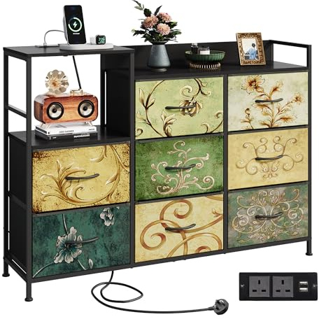 WLIVE Chest of Drawers with Charging Station, 8 Fabric Drawers, Retro
