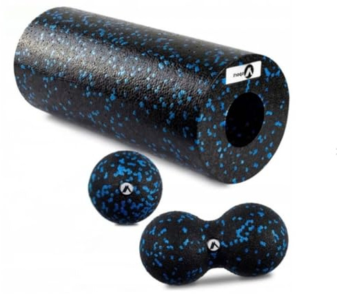 Valle Verde 3in1 Set Faszienroller, Duoball, Faszienkugel, Fitness-Rolle, Peanut-Ball - Selbstmassage, Training, Fitness, Yoga, Pilates - Foam, Hautfreundlich - Schwarz, 30 x 15 cm