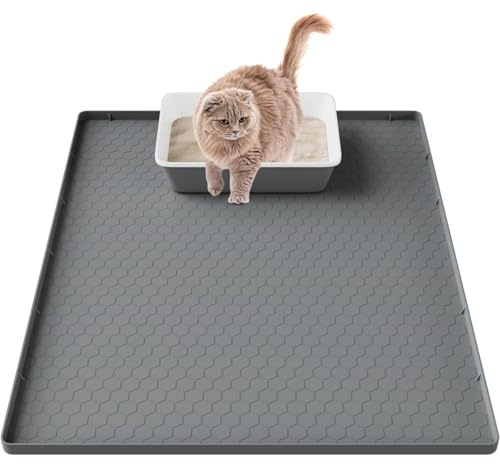 Pawinner Grande Tappetino Lettiera Gatto 80x56cm, Silicone Alimentare Tappeto Lettiera Gatto, Antiscivolo Tappetino Lettiera Gatti, Impermeabile e Resistente All'urina, Facile da Pulire, Grigio