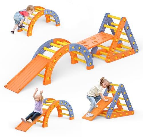 Struttura per arrampicata per bambini, palestra da gioco per interni ed esterni 10 in 1 con assi per arrampicata/scivolo, certificata EN71, carico 50 kg (Arancione blu)