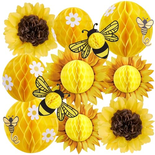 SUNBEAUTY 11 Stück Papierfächer Dekoration Sonnenblumen Geburtstag Wabenbälle Bienen Papier Fächer für Hochzeit Sommer Geburtstag Kinderparty Tea Party Tischdeko Muttertag Deko Classroom Baby Shower