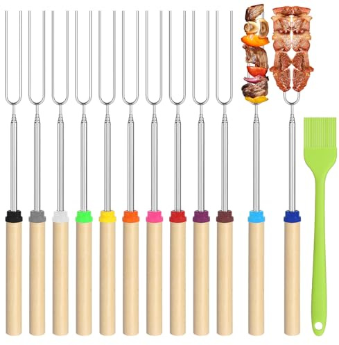 12 st Teleskopiska grillspett i rostfritt stål Teleskopiska grillspett Teleskopiska marshmallow-stekspett Grillgaffel med pensel Lägerspett för camping, grill, trädgårdsfest (31-81 cm)