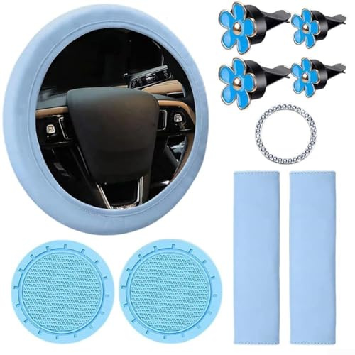 ComfyHarbor Set di accessori per interni auto con coprivolante in pelle, cuscinetti per cinture di sicurezza, clip a fiore per bocchetta dell'aria e portachiavi, per donne e ragazze, colore rosa, blu