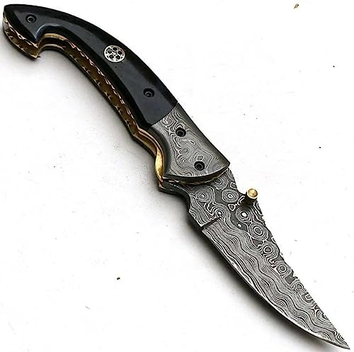 Poshland Limited Edition - FNA-32 Custom Handmade Damascus Steel Folding Knife - Beautiful Camel Bone Handle with Damascus Steel Bolsters (Black Bone)