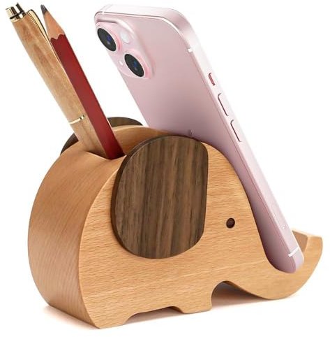 HyFanStr Birthday Gifts for Women and Men, Wooden Phone Stand Cute Elephant Gifts for Women Men, Desk Decoration Pencil Holders, Unique Pen Pot Stationary Pen Holder Presents for Birthday