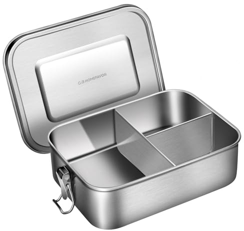 G.a HOMEFAVOR Stainless Steel Bento Lunch Box, Metal Lunch Container with 3-Compartment, 1400 ml, Ideal for Work & Travel, Meal Prep, Leak Proof, Dishwasher Safe