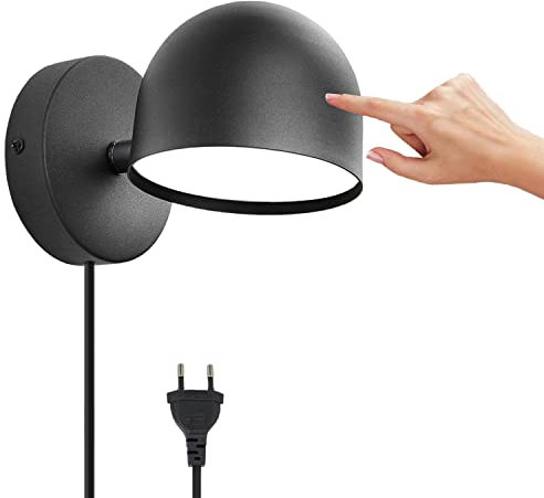 Applique Murale Intérieur LED 12W Avec Prise, Lampe Murale Tactile Dimmable Lampe de Chevet Rotatif 360°, 3000k Blanc Chaud Réglable Liseuse pour Salon, Chambre, Escalier, Couloir, Bureau,Noir