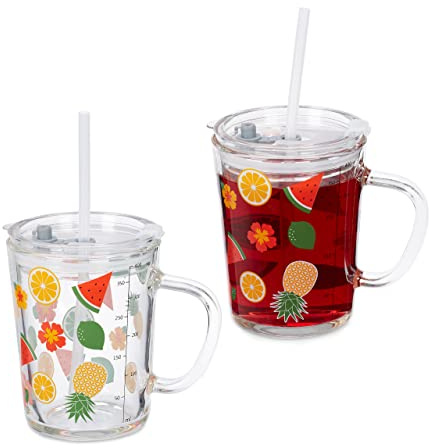 Relaxdays Kindergläser 2er Set, Früchte-Motiv, Trinkglas Kinder, Henkel, Deckel & Strohhalm, 400 ml Skala, transparent