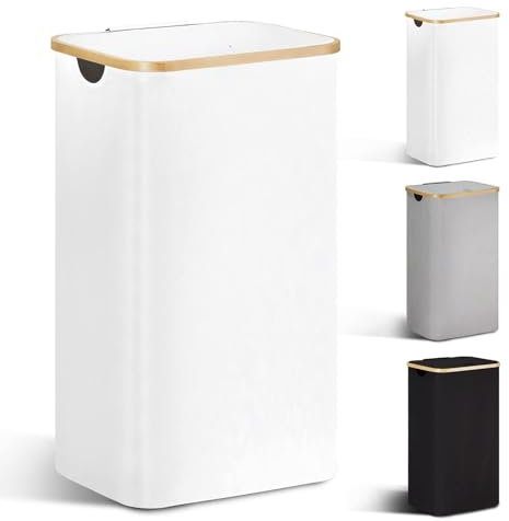 YOUDENOVA Laundry Basket with Lid 85-Litre Large Washing Baskets for Laundry with Laundry Bag Collapsible Laundry Baskets with Handles Laundry Hamper Bamboo Laundry Bin for Bedroom, Bathroom, White