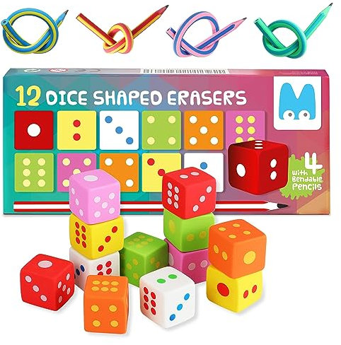Magicat Würfel Radiergummi Set I 12 Stück Radiergummis Würfel für Kinder I 4 Biegebleistifte I Einschulung Mädchen und zur Einschulung Junge, kreativer Schultütenfüller