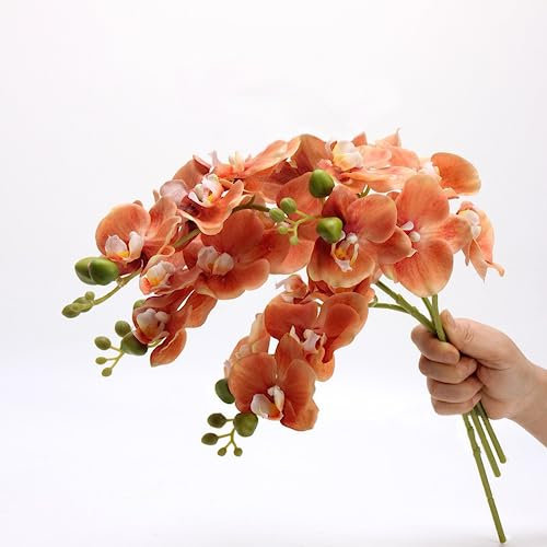 CLoxks 4-Pcs Orchid Stems Artificial Flowers Real Touch Latex Phalaenopsis 17.7inch Faux Orchid Branches with 5 Large Flowers for Vase Wedding Party Home Garden Decor,Orange